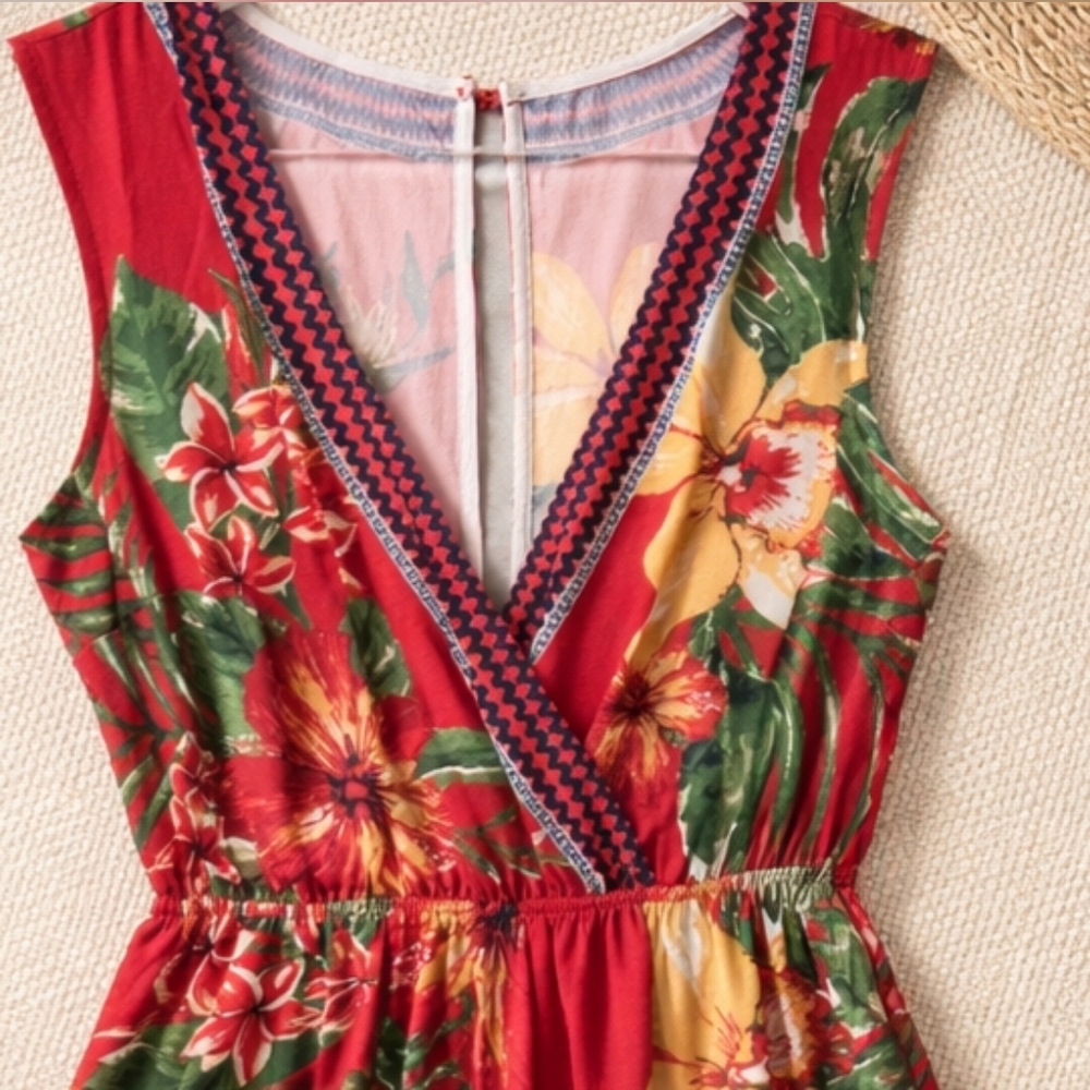 Flying Tomato Red Tropical Floral Wide Leg Jumpsuit Hibiscus Print Size XS - Picture 5 of 16